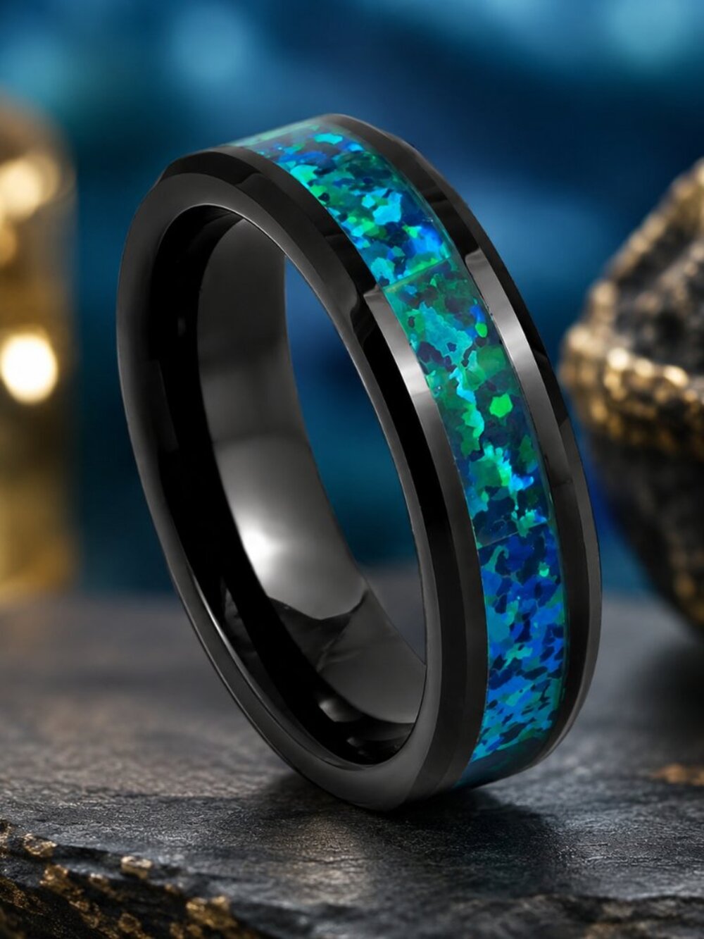 Black Tungsten Ring with Crushed Blue & Green Opal Inlay - GALTUN1033-6.5